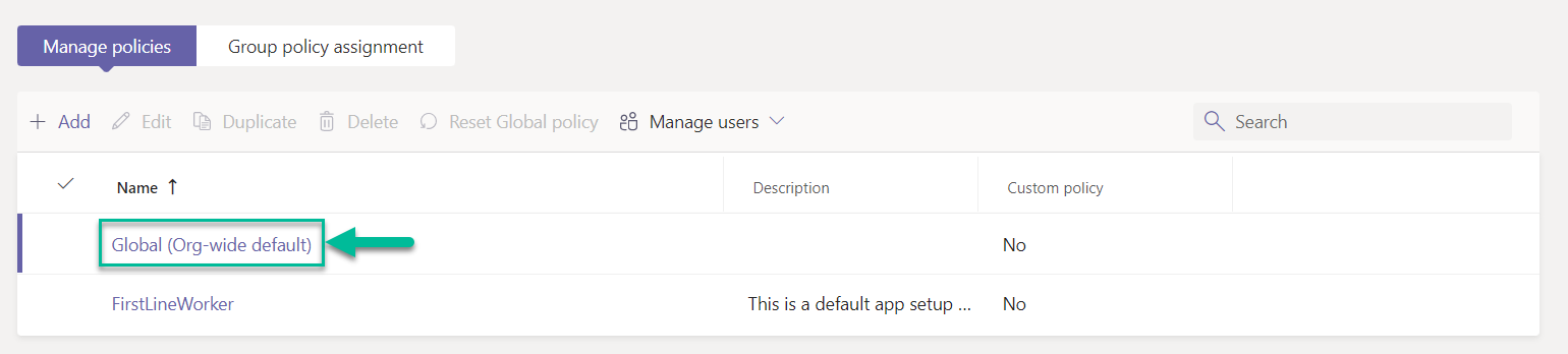 Global (Org-wide default) setup policy