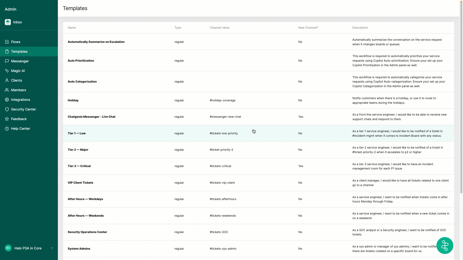 Mapping HaloPSA actions in the Thread admin panel