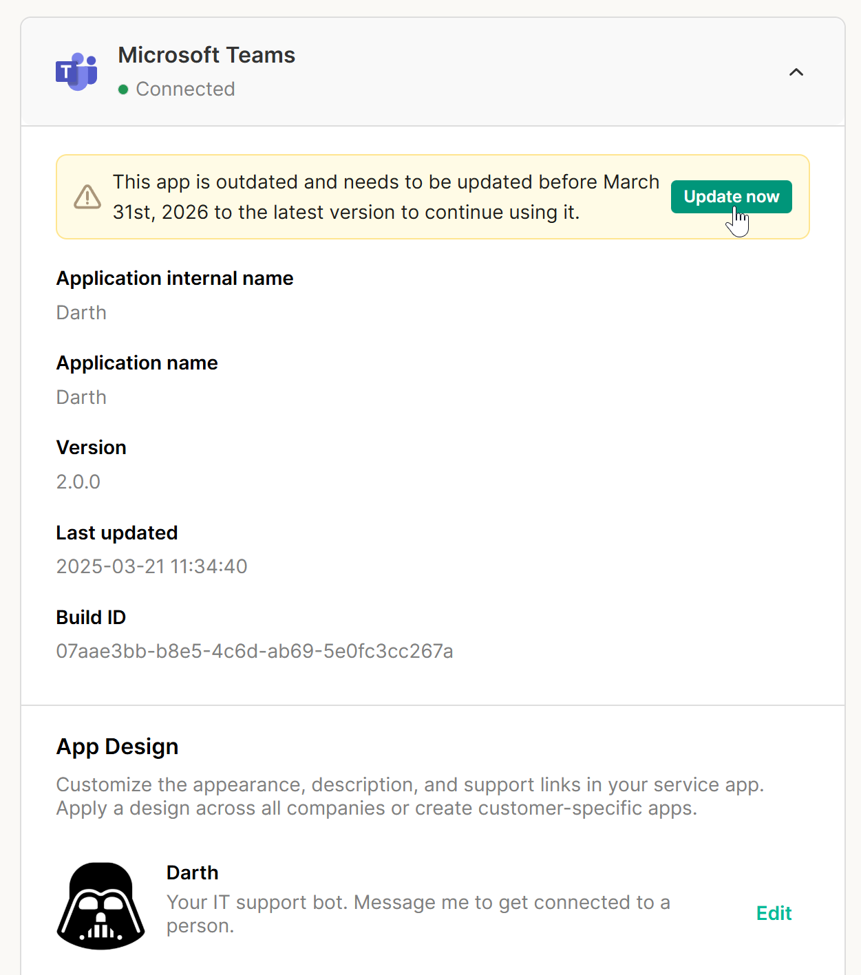 Legacy Service Bot deployment details