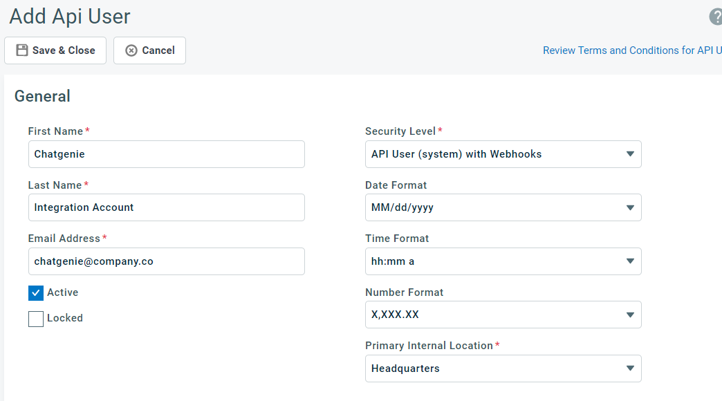New API user form with Security Level set to API User system with Webhooks