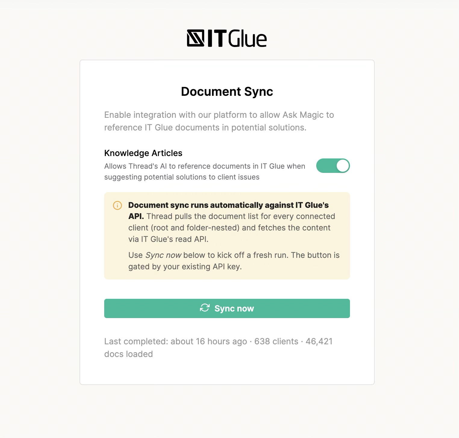 Document Sync tab with the Knowledge Articles toggle