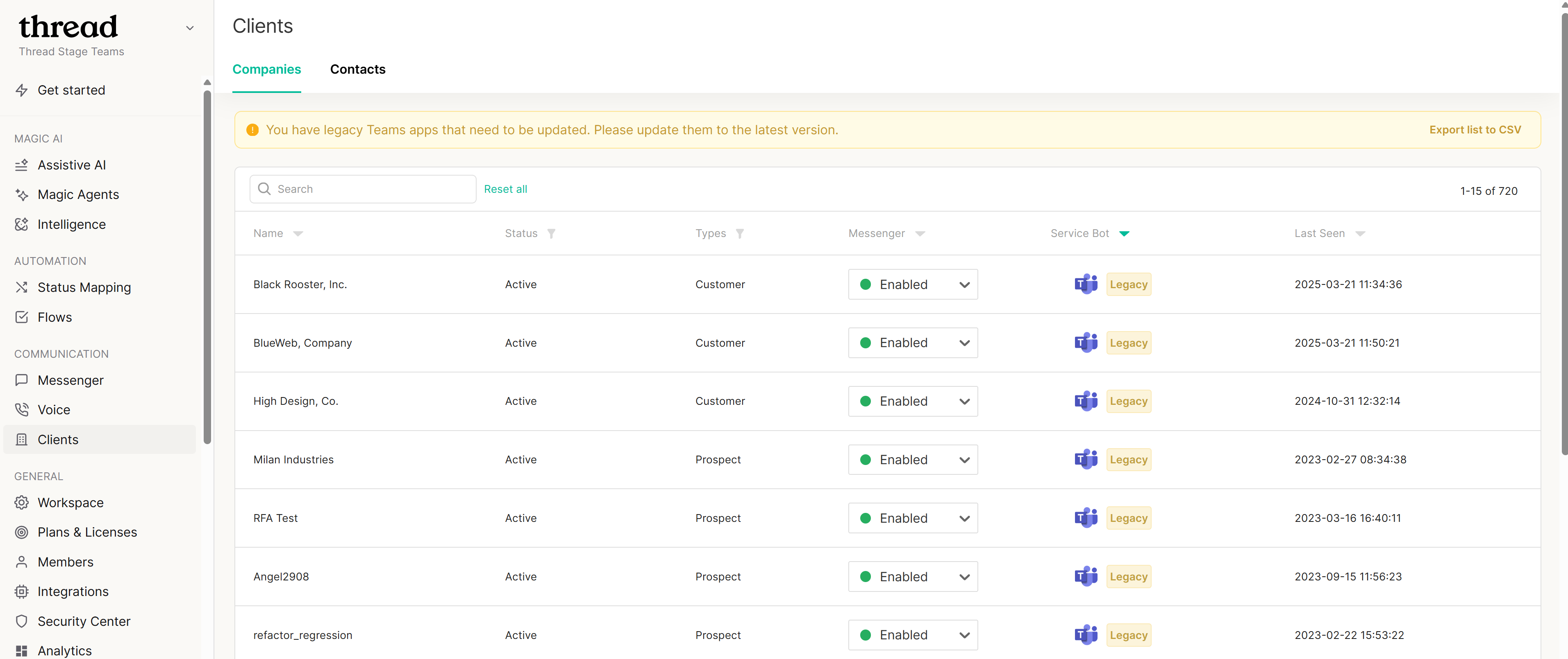 Clients tab in the Thread Admin Panel