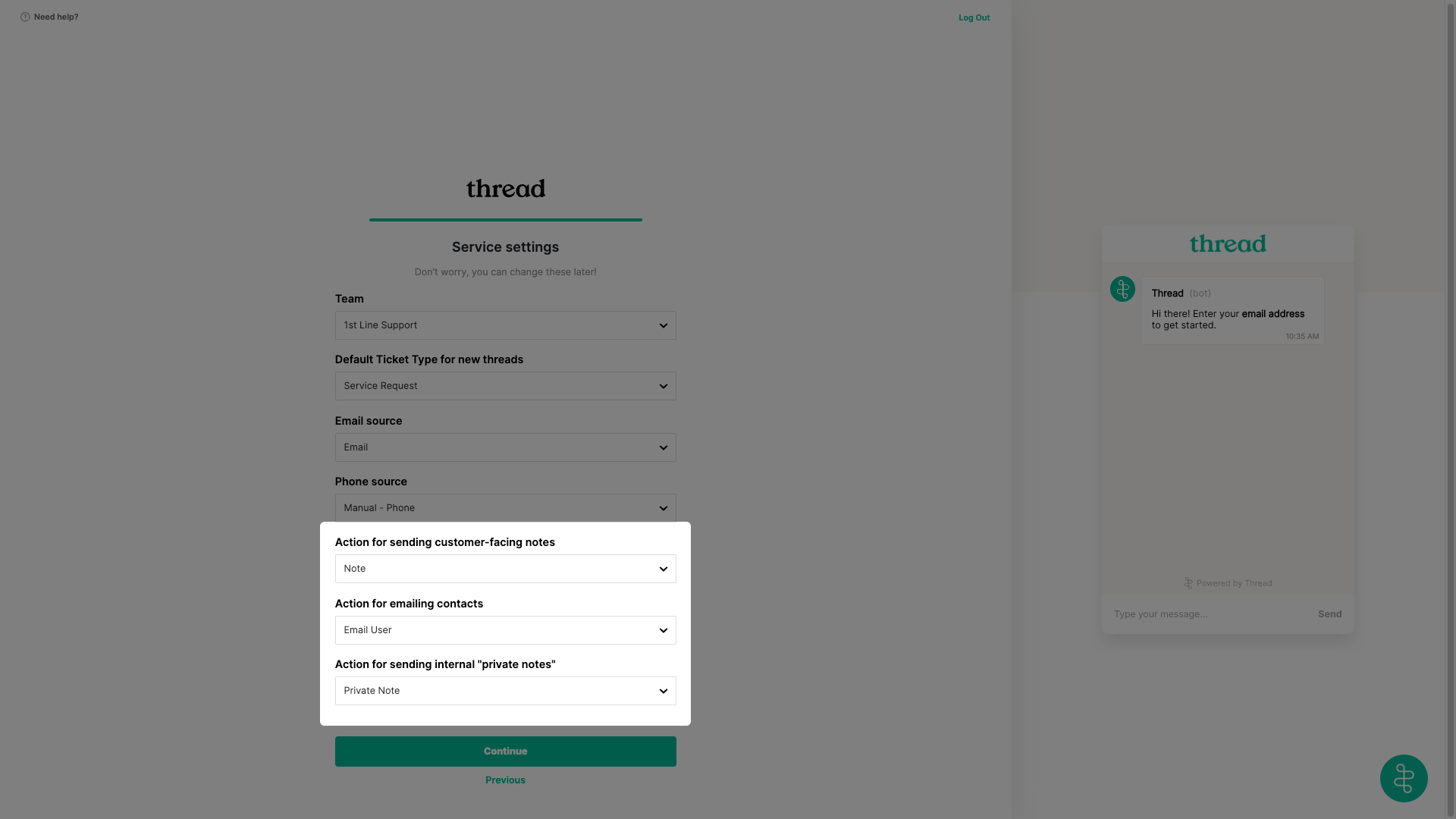 Mapping actions under Service Settings in the HaloPSA setup wizard