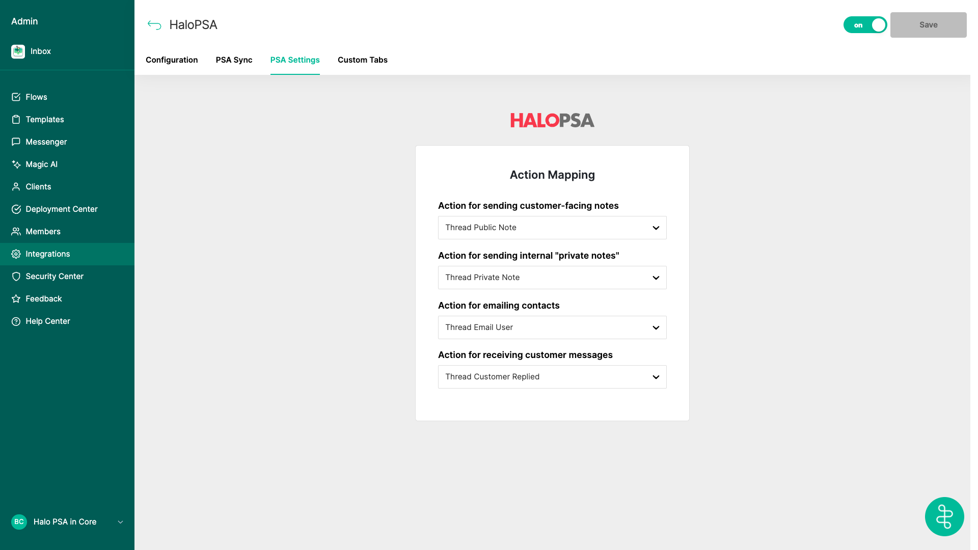 The four custom Thread actions in HaloPSA
