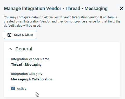 Active checkbox under General in the Integration Center