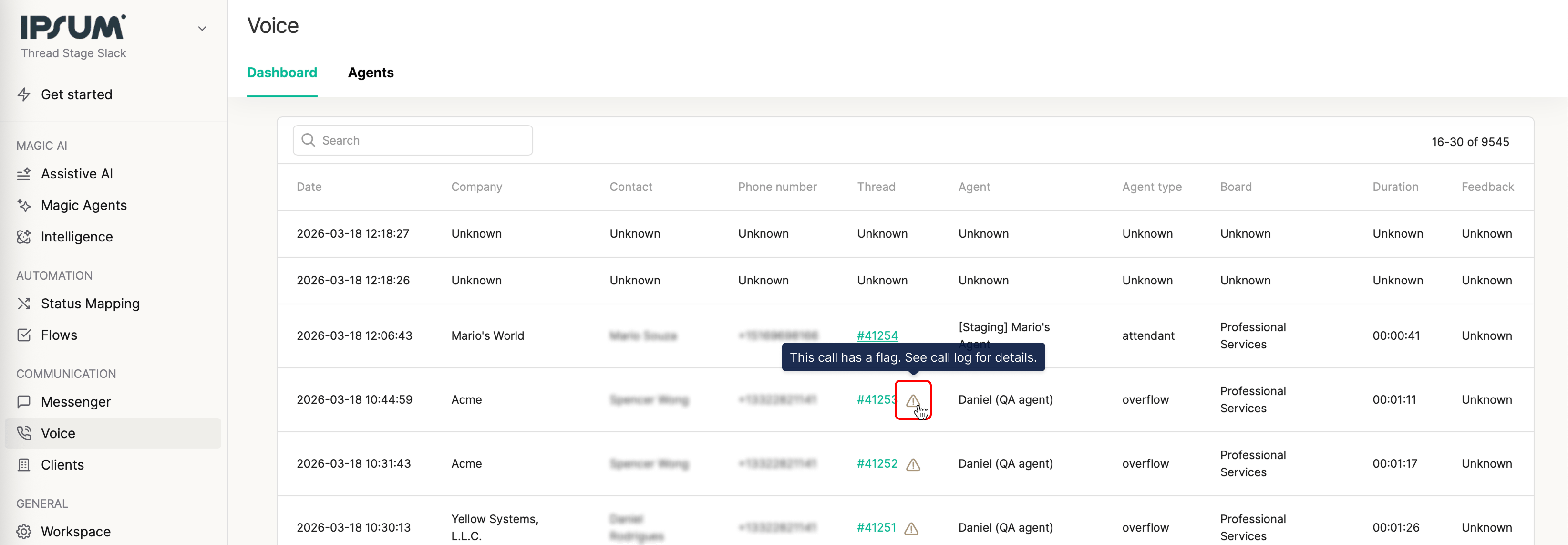 Failed contact mapping warning notification banner on a call
