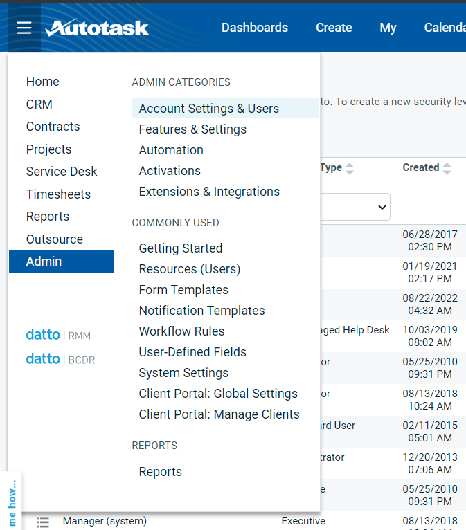 Admin menu with Account Settings & Users in Autotask
