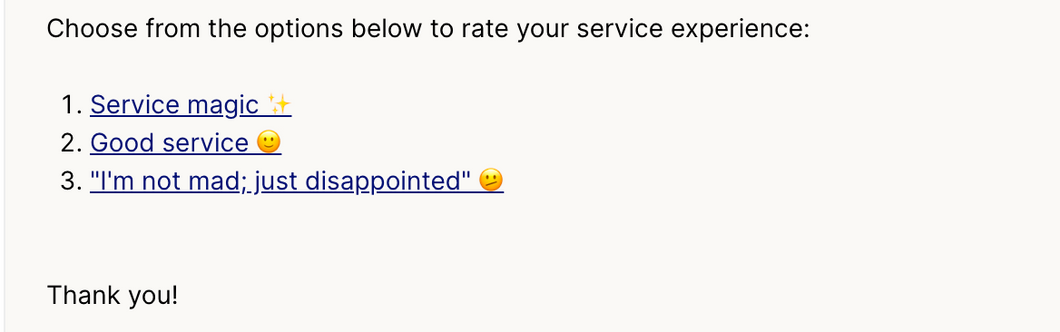 CSAT survey rating options rendered in-thread for the customer