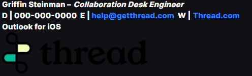 Example email signature with bold and italicized text, a website link, and a signature photo