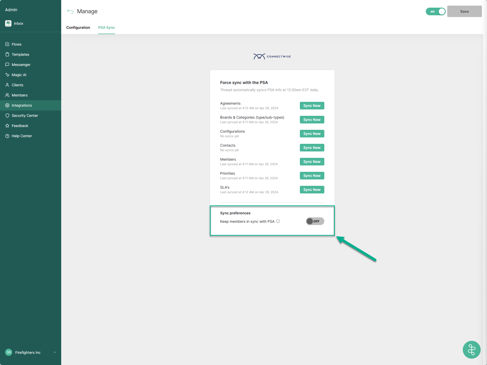 PSA Sync tab with the Keep members in sync with PSA toggle