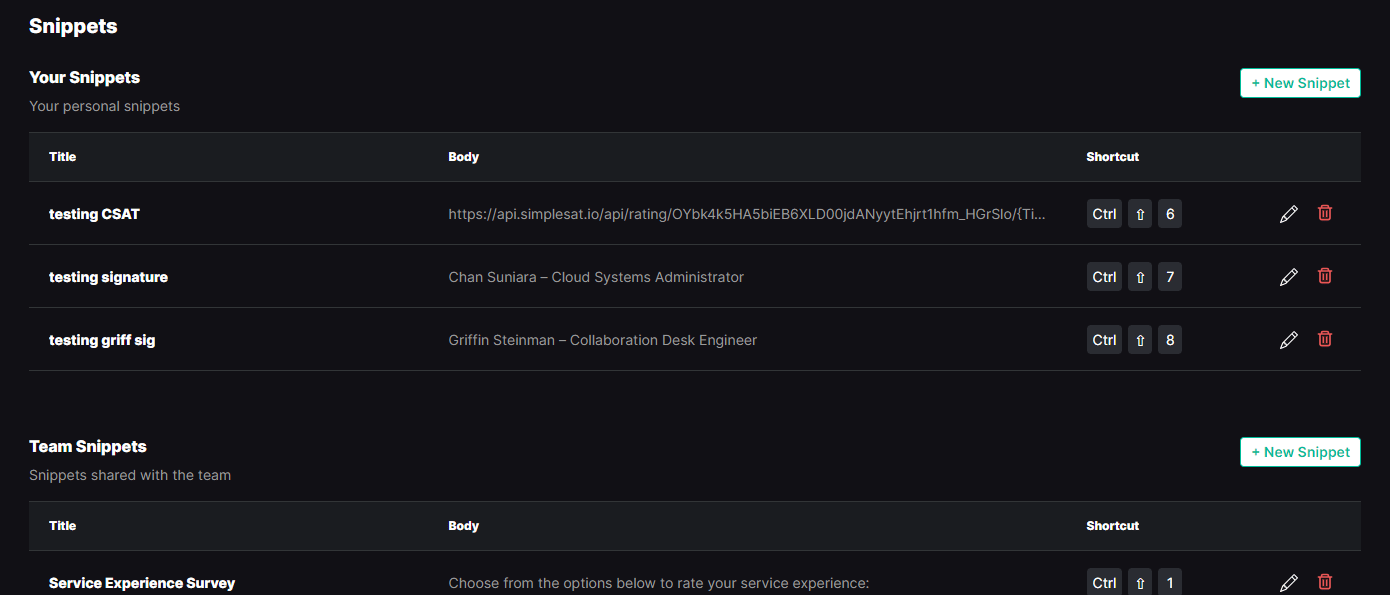 The Snippets menu