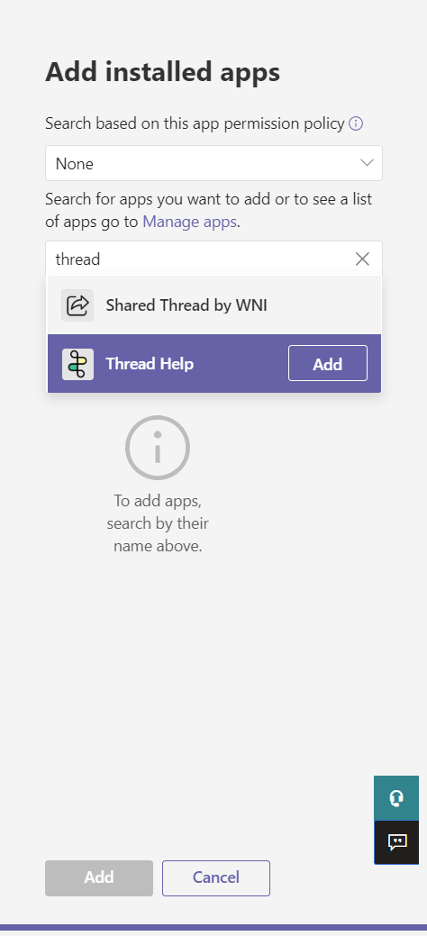 Add installed apps sidebar searching for the custom Teams app