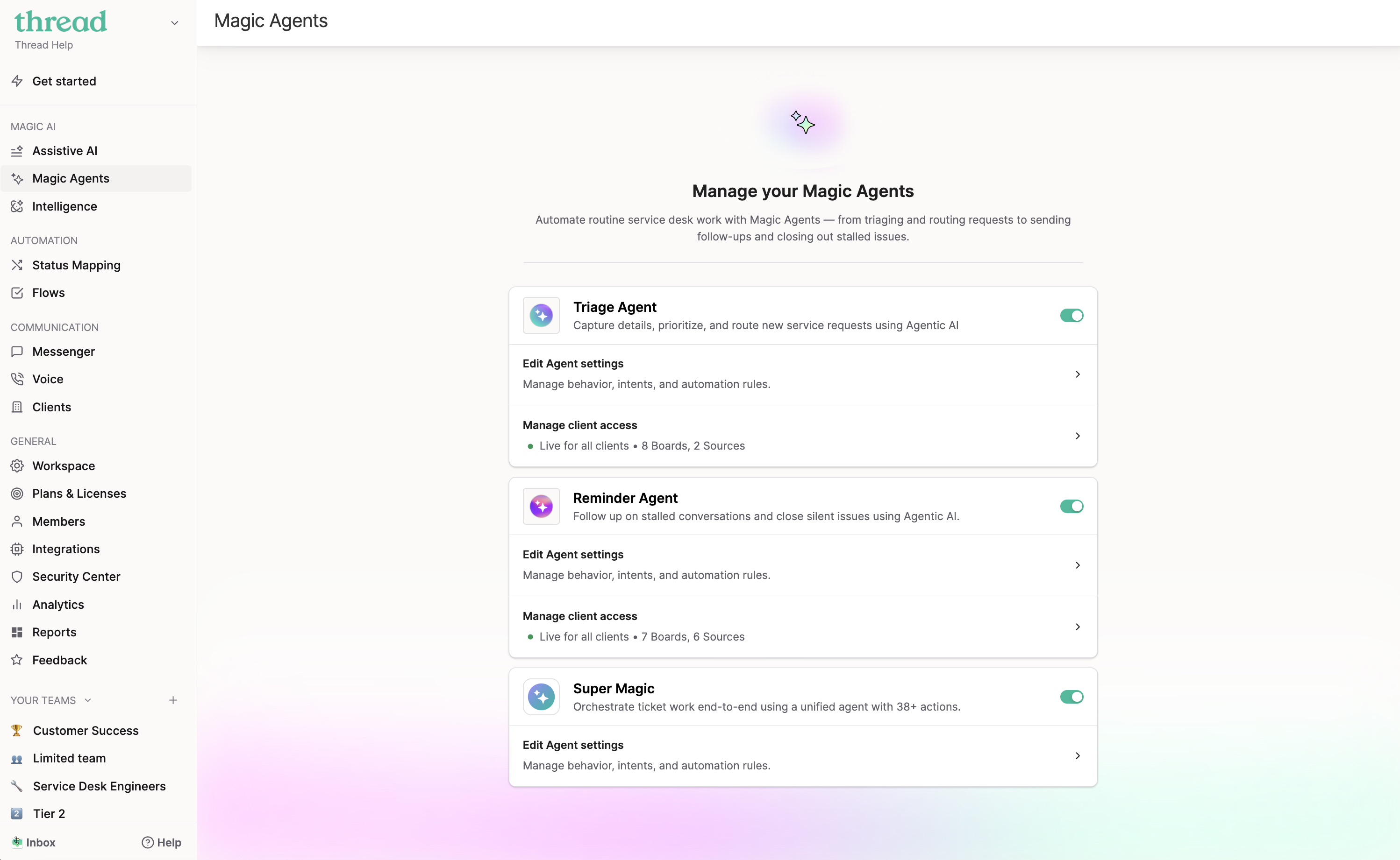 Super Magic settings page in the Thread Admin app
