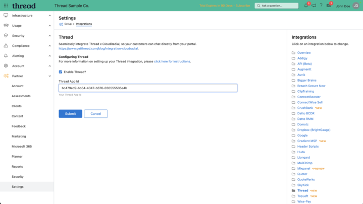 Enabling Thread and entering the AppID in CloudRadial