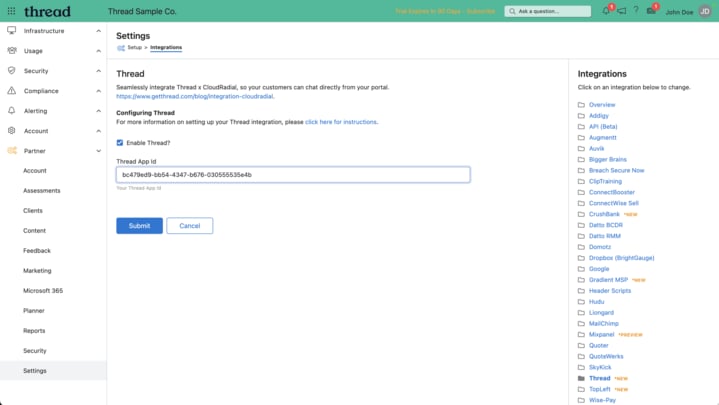 Enabling Thread and entering the AppID in CloudRadial