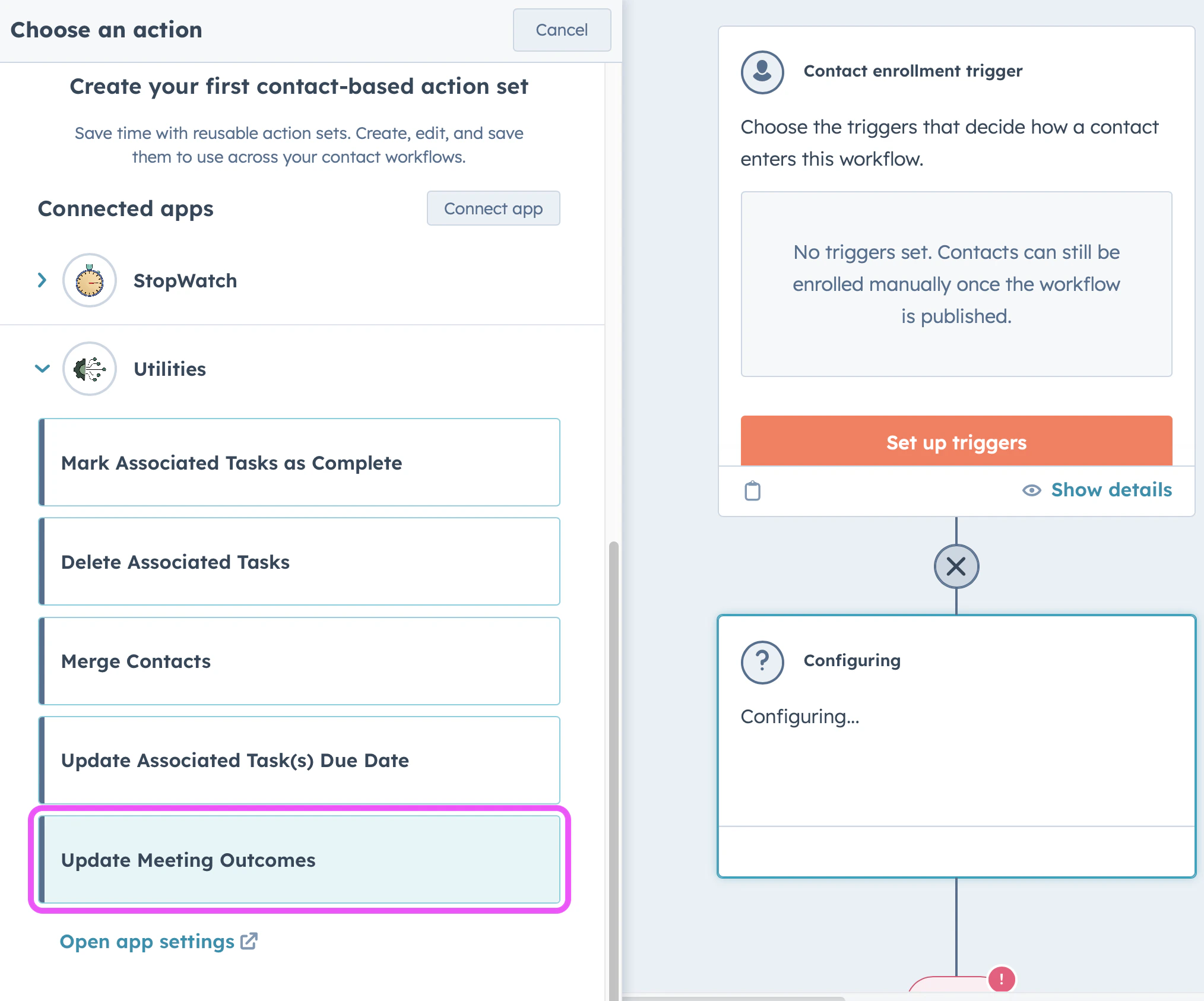 Workflow action setup for Update Meeting Outcomes