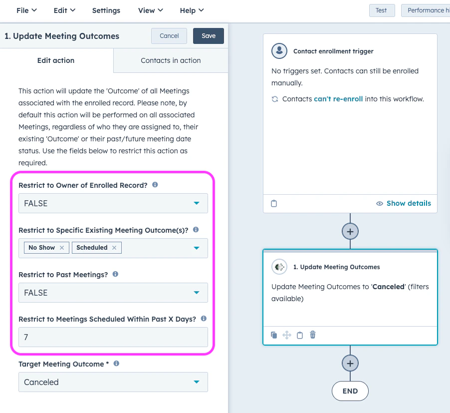 Configured Update Meeting Outcomes action with outcome filters