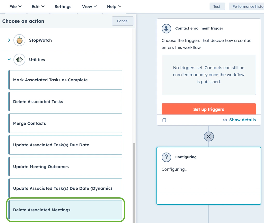 Workflow action setup for Delete Associated Meetings