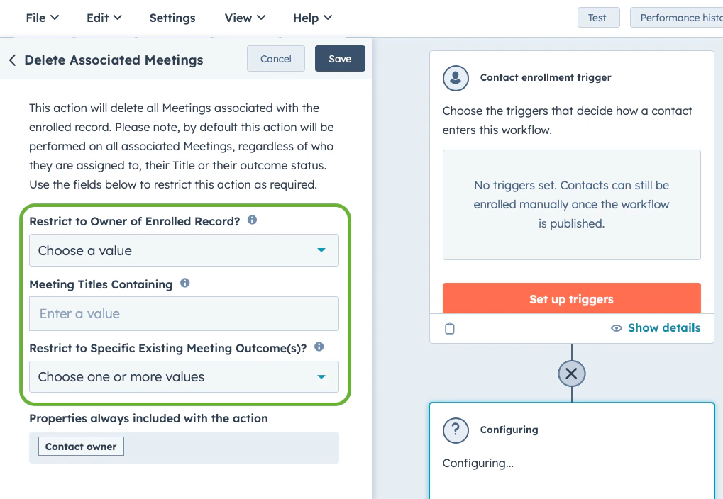 Configured Delete Associated Meetings action with title and outcome filters