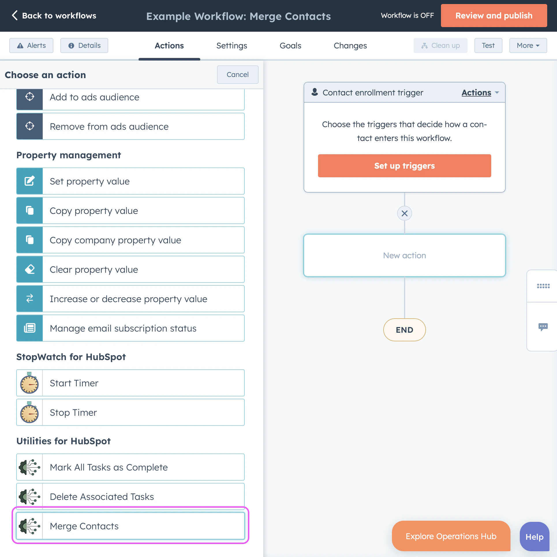 Workflow action setup for Merge Contacts using target contact ID property