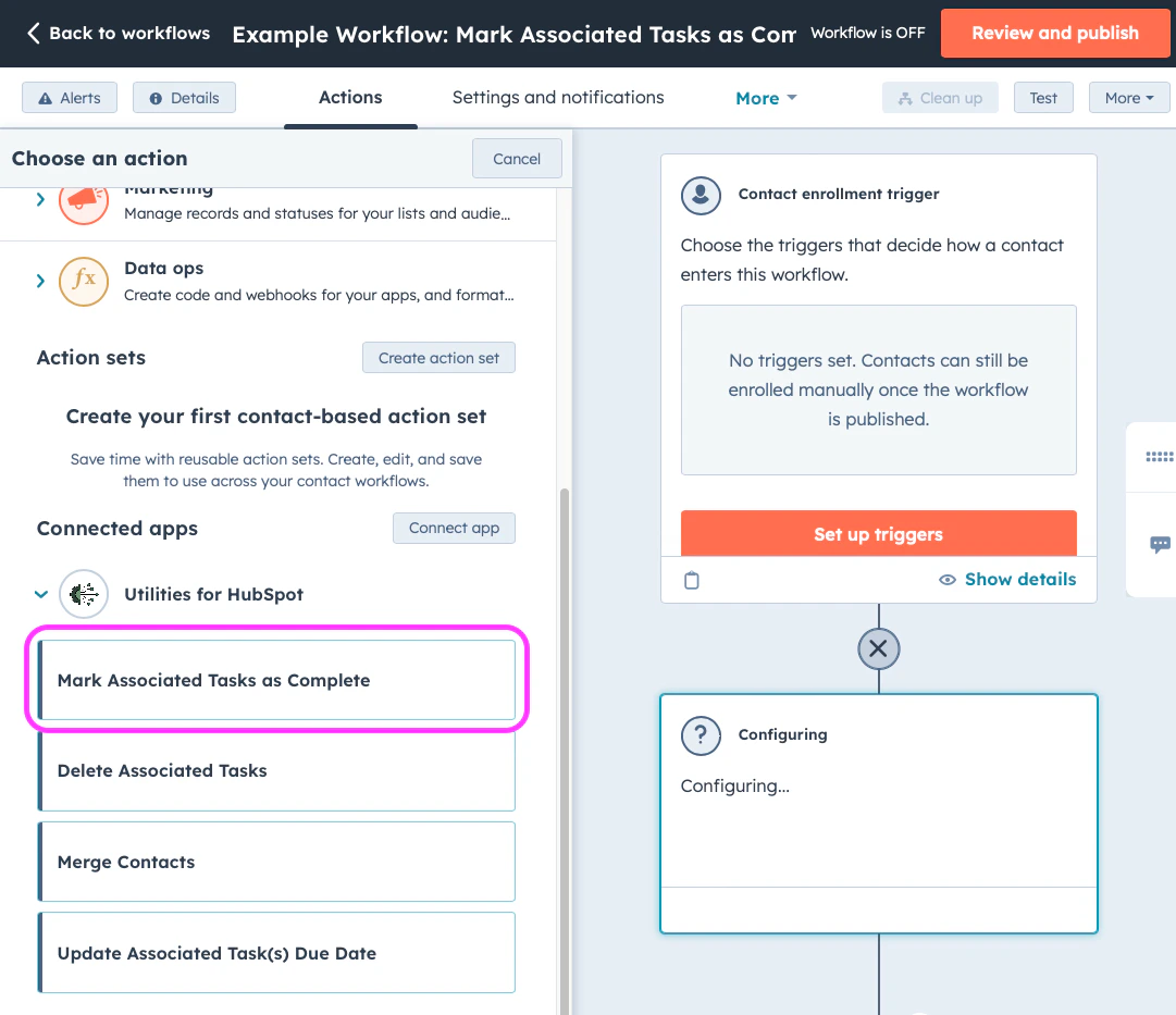 Workflow action setup for Mark Associated Tasks as Complete