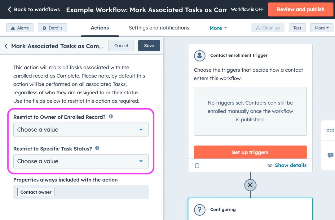 Configured Mark Associated Tasks as Complete action in HubSpot workflow