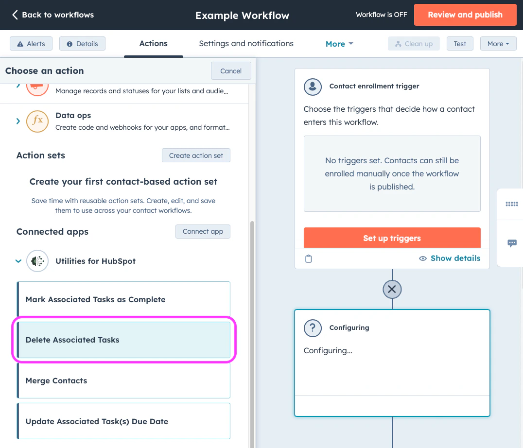 Workflow action setup for Delete Associated Tasks