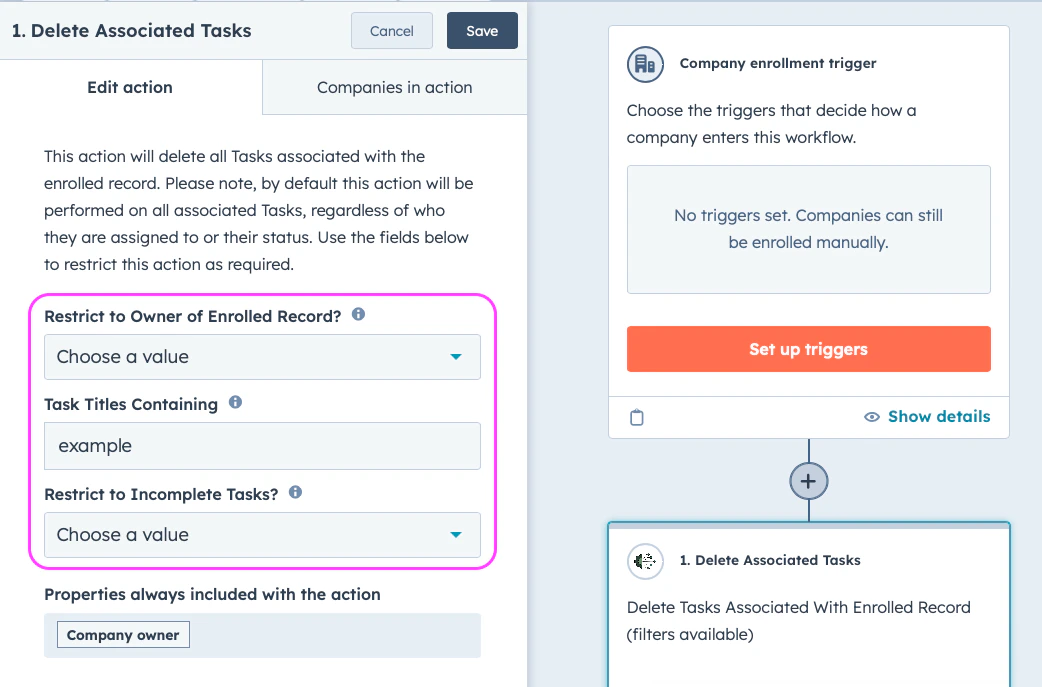 Configured Delete Associated Tasks action with filtering options
