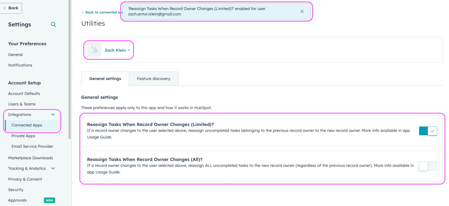 Utilities settings toggles for reassigning tasks when record owner changes