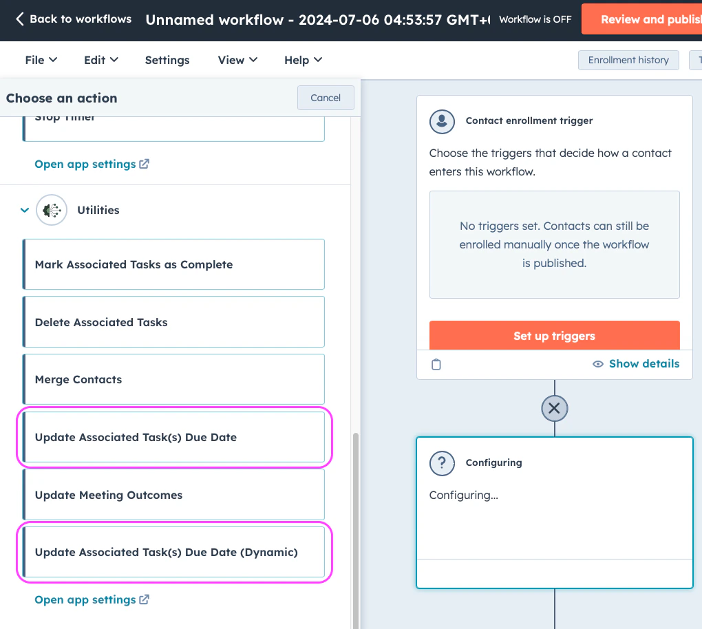 Workflow action setup for Update Task Due Dates