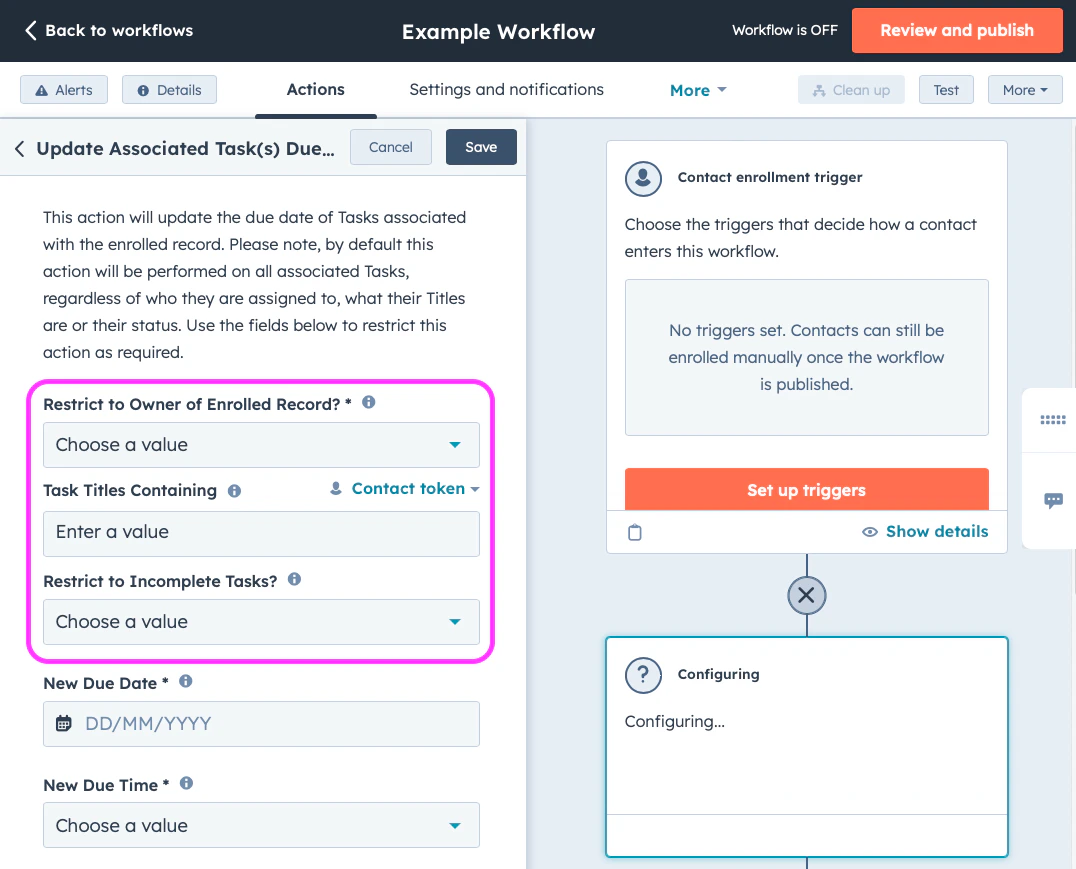 Configured Update Task Due Dates action showing due date options