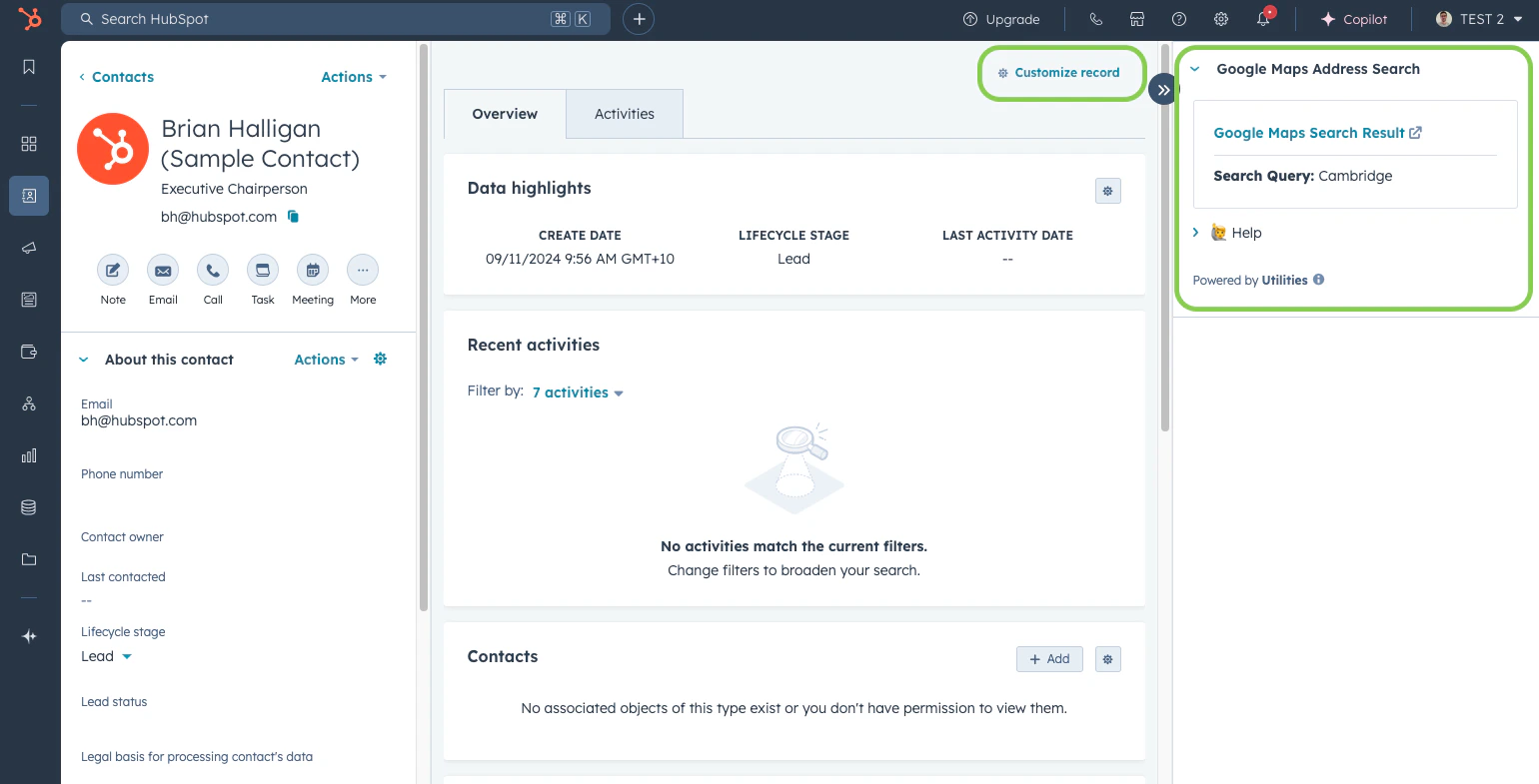 Google Maps Address Search app card displayed in a HubSpot CRM record sidebar