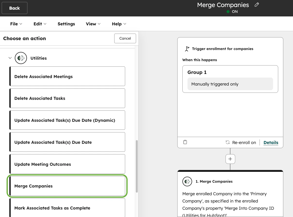Workflow action setup for Merge Companies using target company ID property