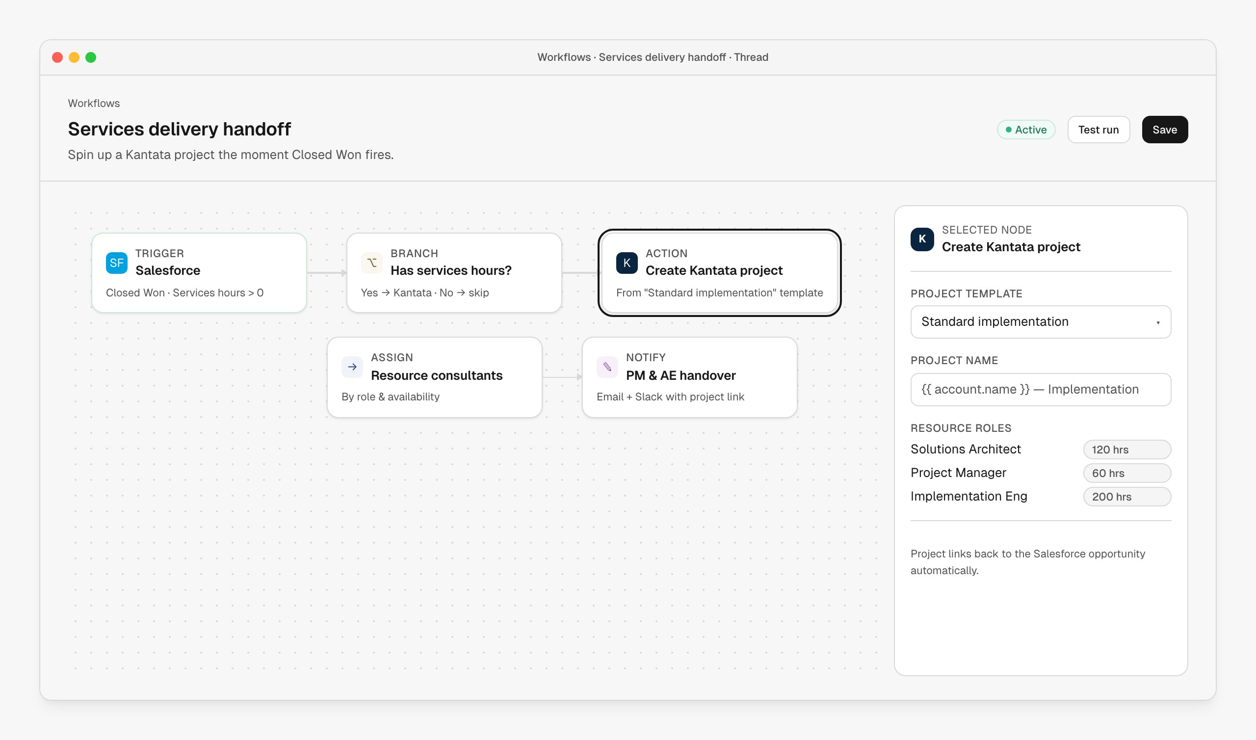 Workflow builder with a Salesforce trigger feeding into a Create Kantata Project action node, with role and hour allocation in the inspector panel