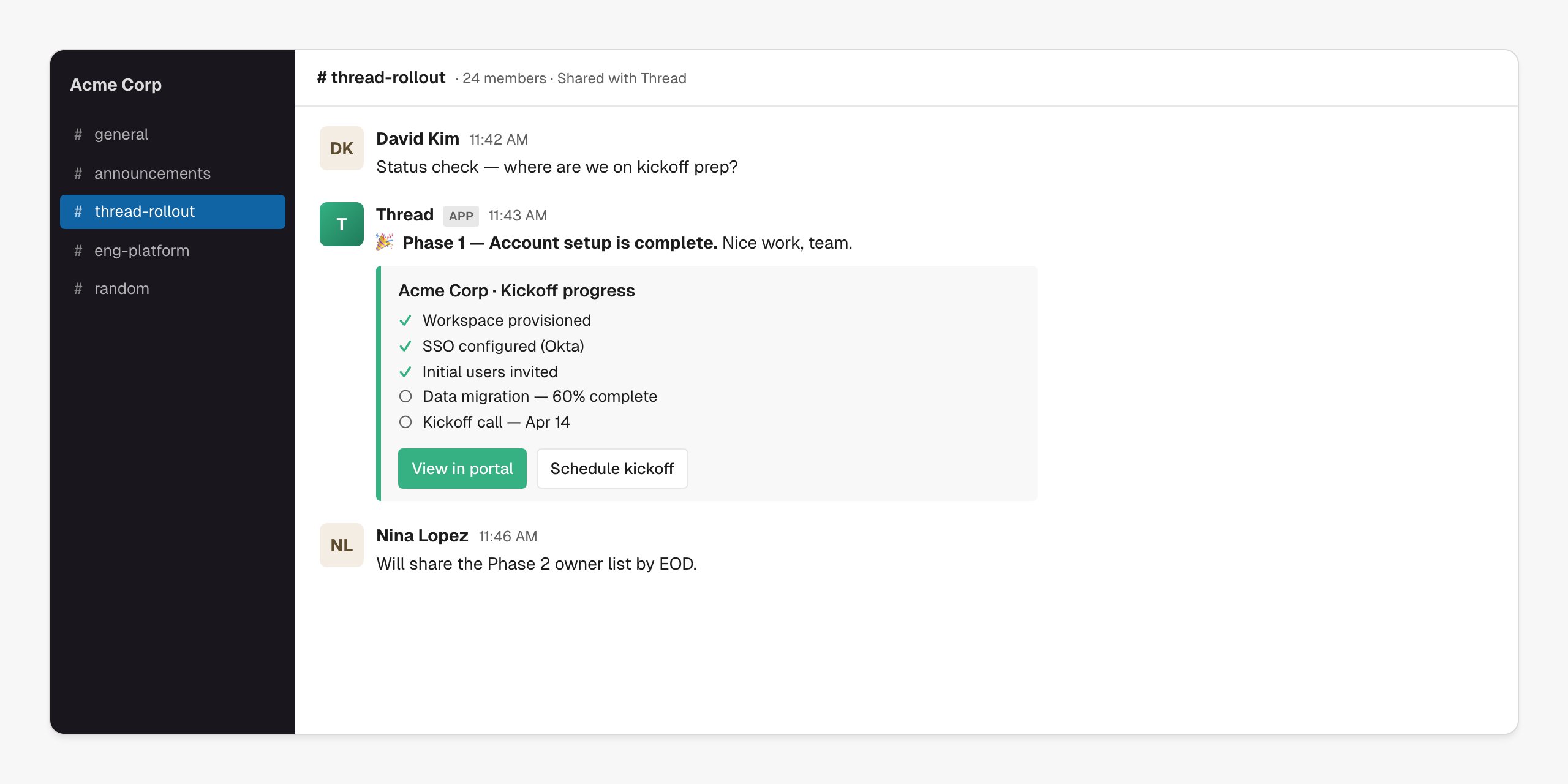 A Thread app message in a customer Slack channel showing kickoff progress with a checklist and View in portal button
