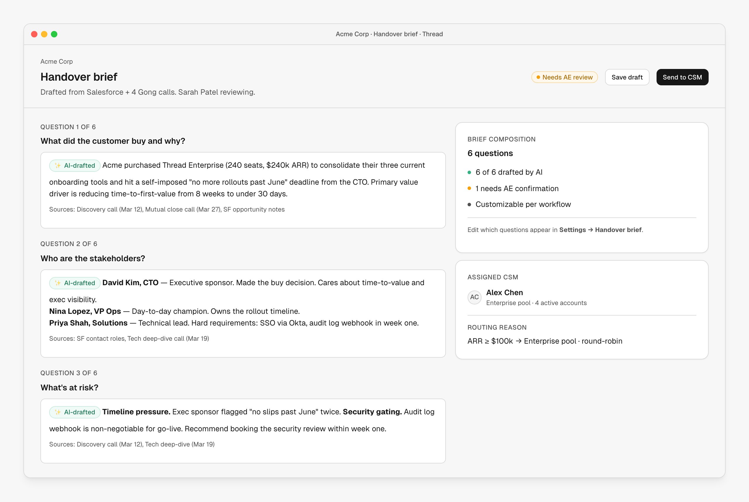 Handover brief in Thread showing AI-drafted answers to the questions What did the customer buy and why, Who are the stakeholders, and What's at risk — with sources cited