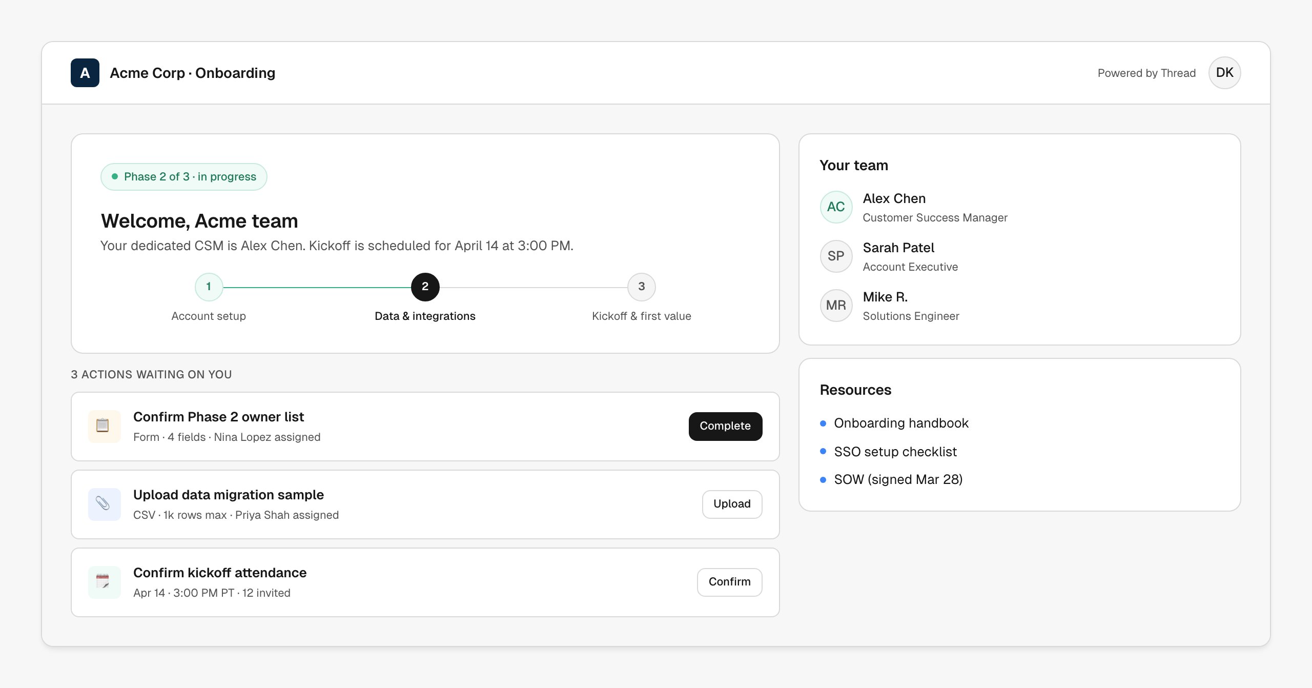 Acme Corp's customer portal showing the welcome banner with phase 2 in progress stepper, three actions waiting on the customer, and the assigned team contacts