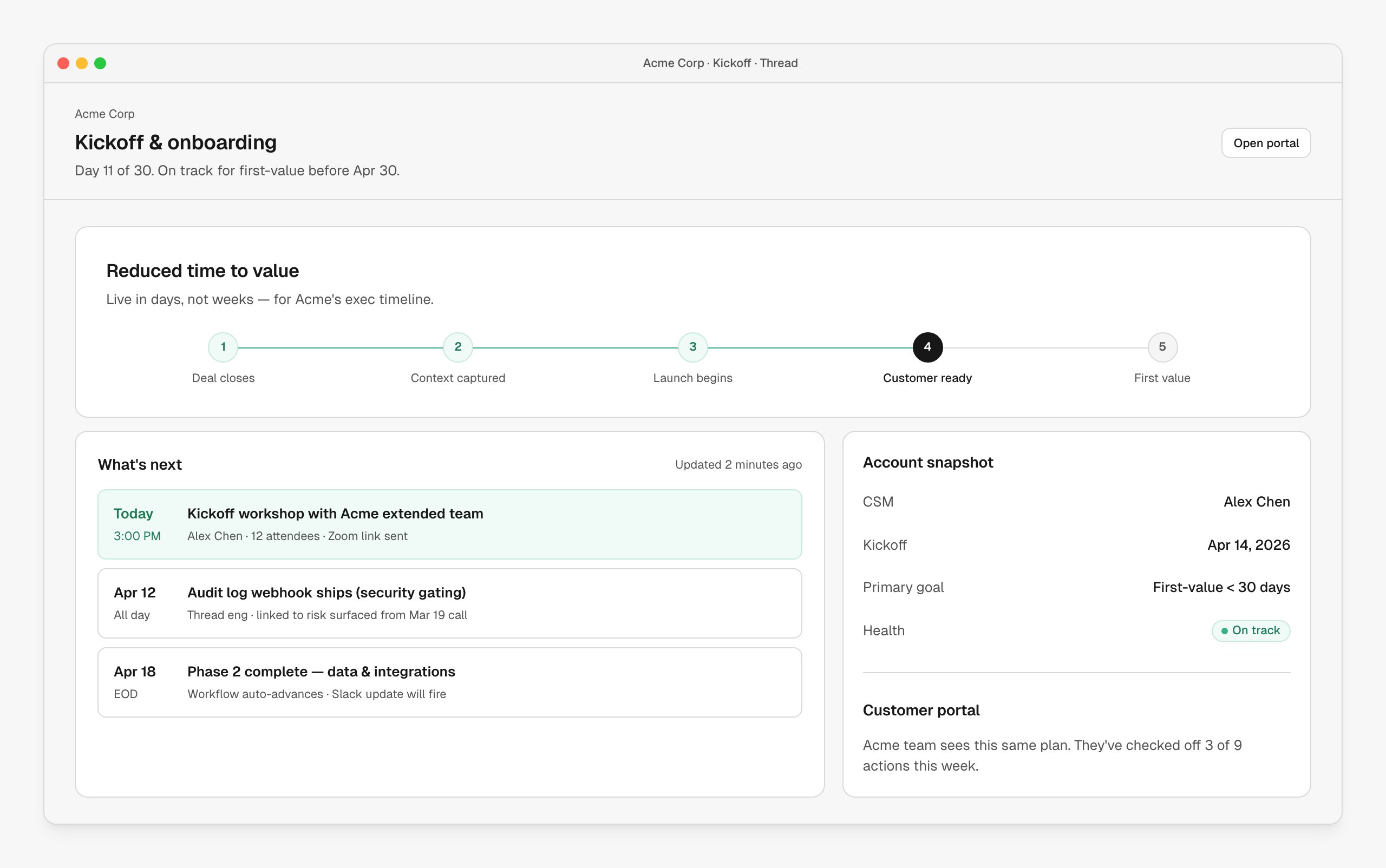 Acme Corp's kickoff view showing the five-step stepper from Deal closes to First value, with what's next (kickoff workshop today, audit log webhook ships, phase 2 complete) and the account snapshot