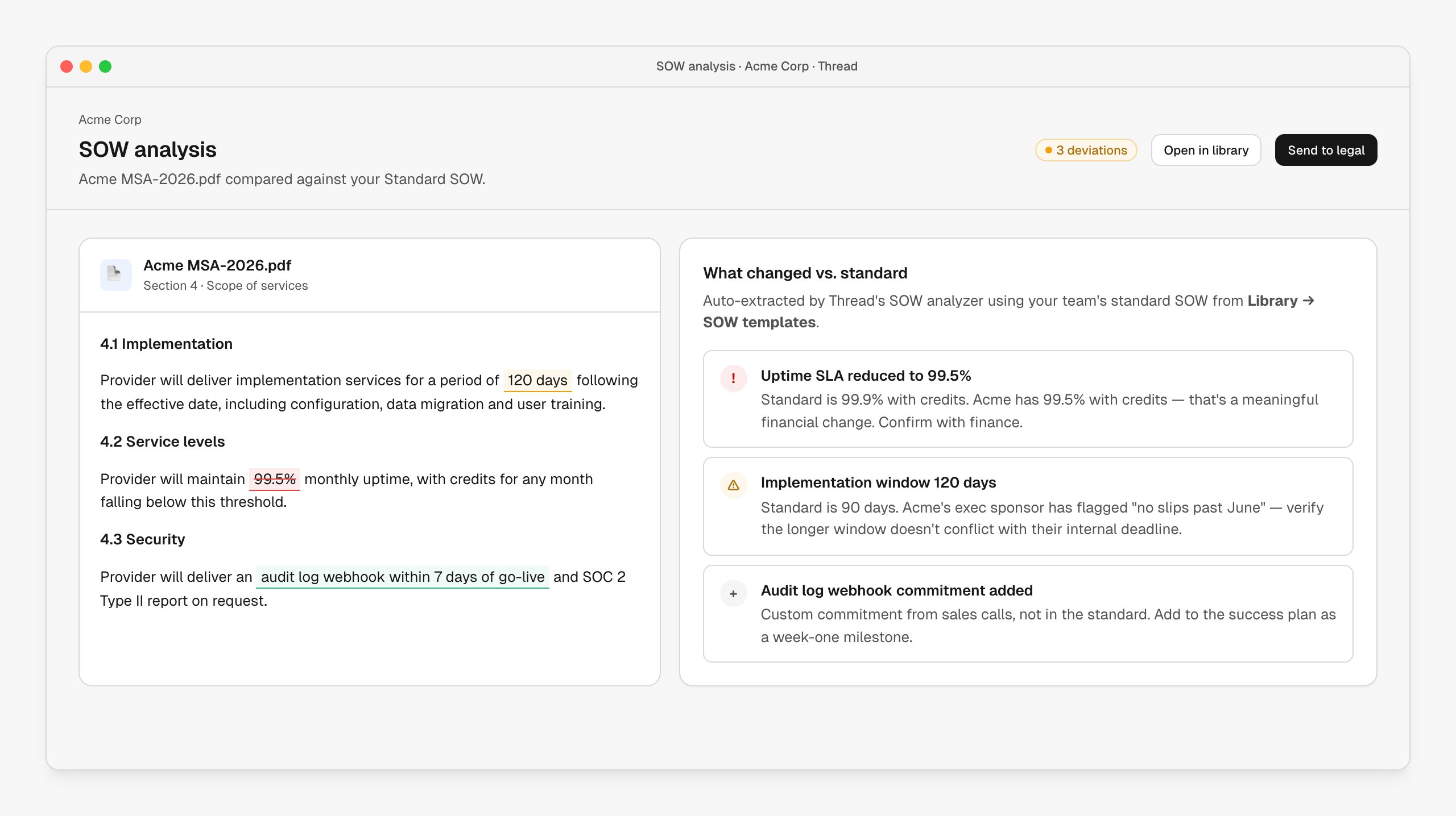 SOW analysis showing Acme MSA-2026 with three deviations highlighted: uptime SLA reduced to 99.5% (high), implementation window 120 days (medium), and audit log webhook commitment added (informational)