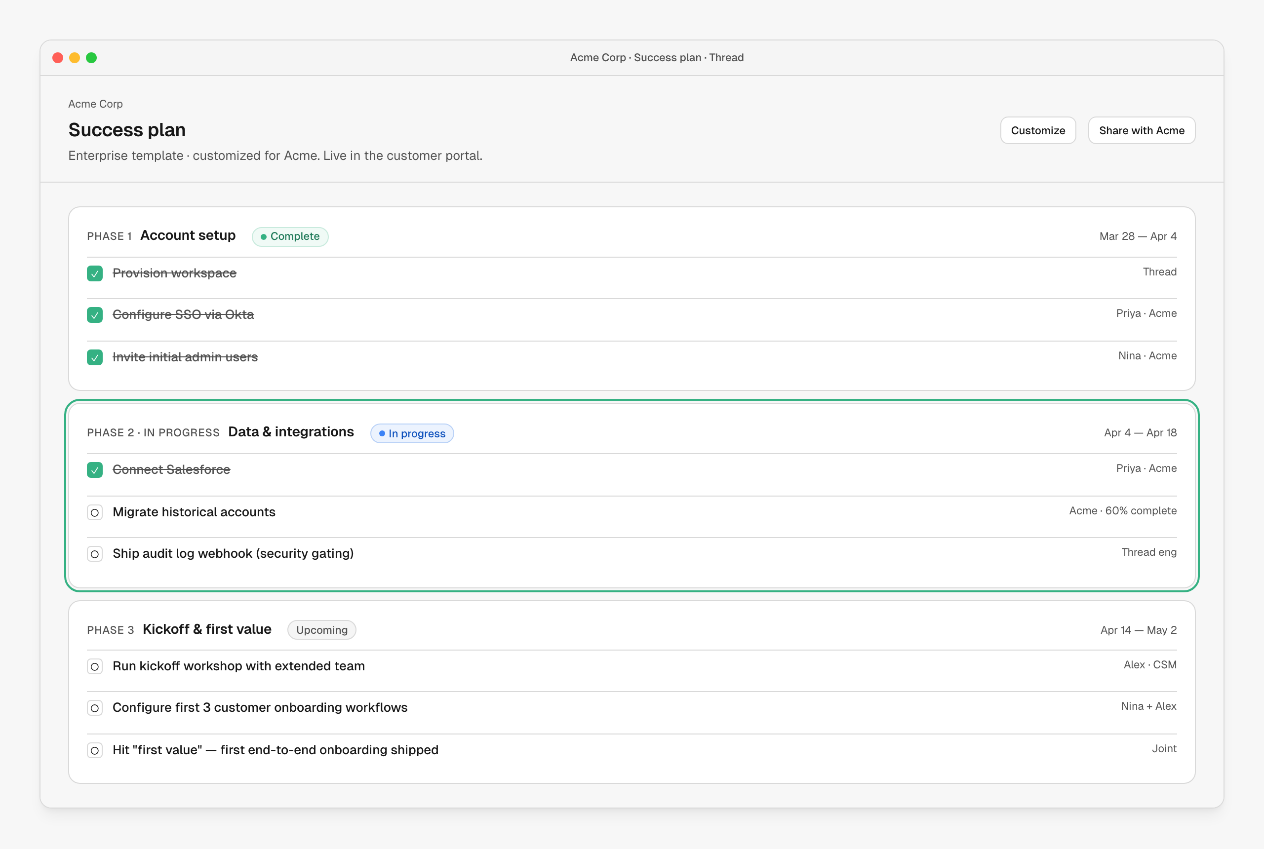 Acme Corp's three-phase success plan: Account setup (complete), Data and integrations (in progress), and Kickoff and first value (upcoming), with tasks, owners and dates
