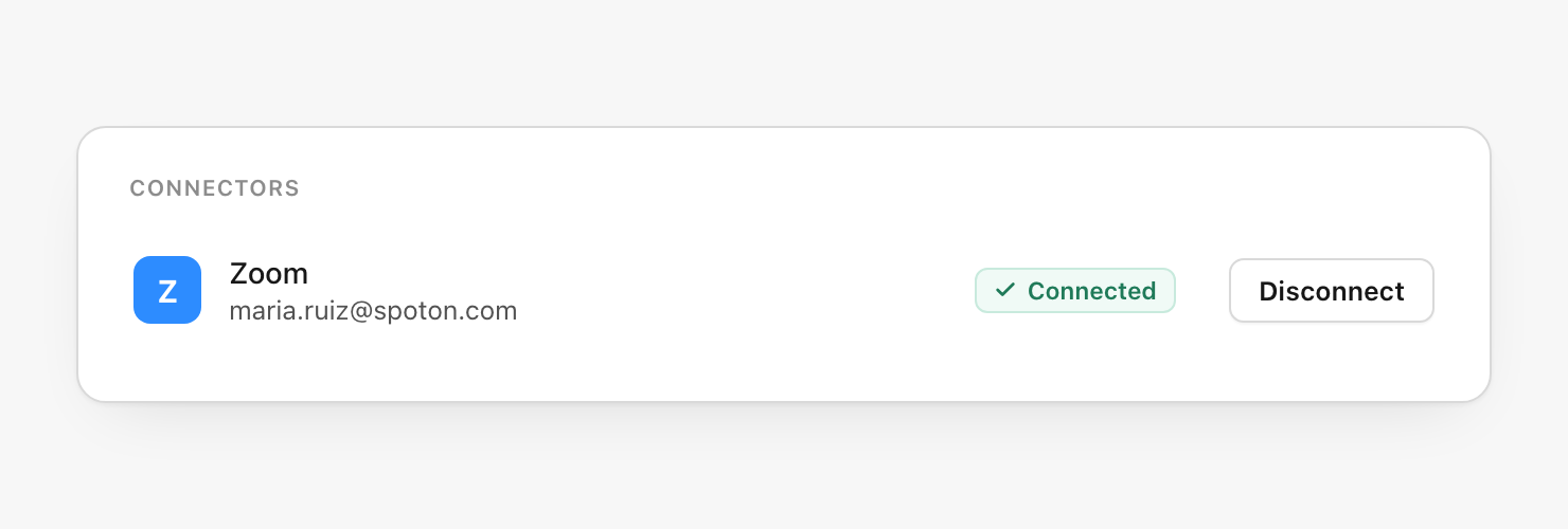 Zoom row on the Connectors page showing the connected account, a green Connected badge, and a Disconnect button