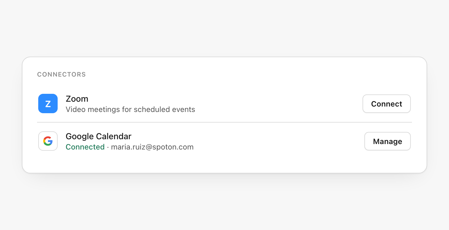Thread Connectors settings with a Zoom row showing a Connect button, and a Google Calendar row showing Connected with an account address