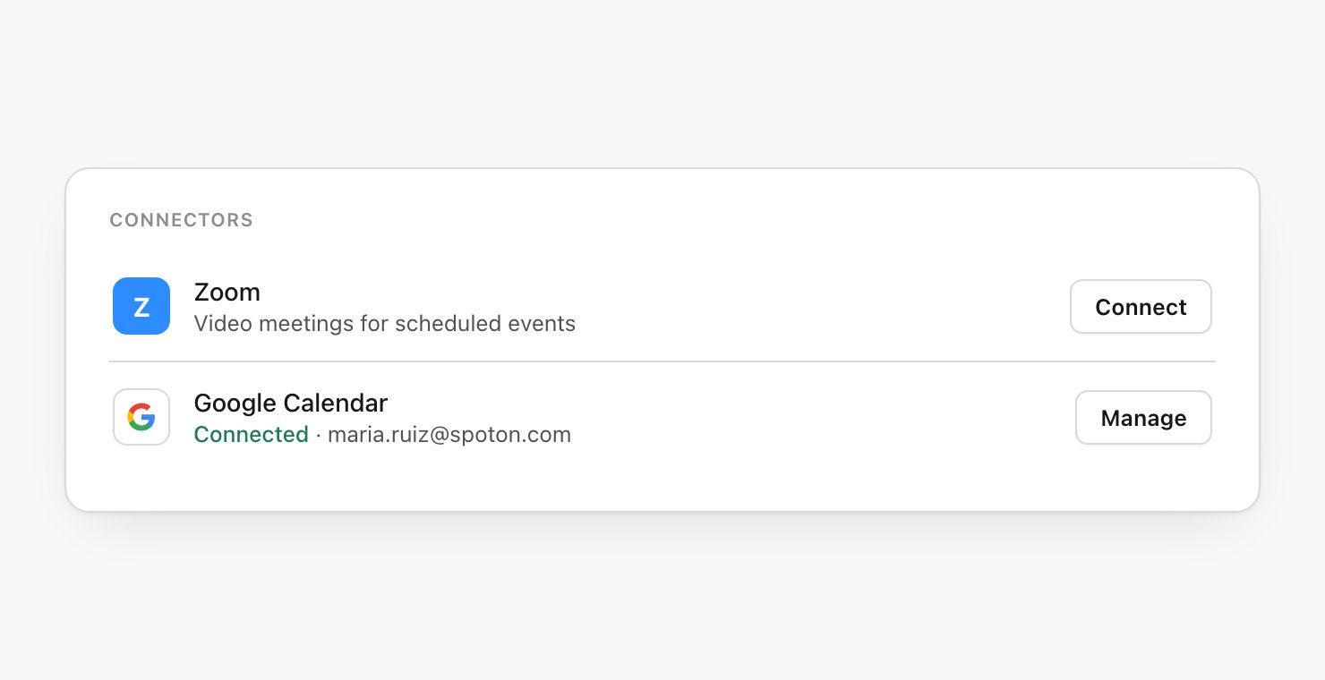 Thread Connectors settings with a Zoom row showing a Connect button, and a Google Calendar row showing Connected with an account address