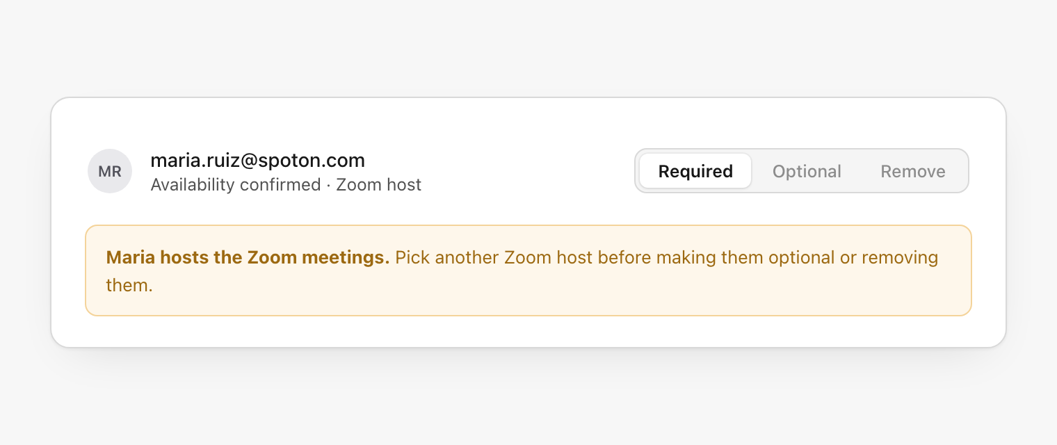 A host row with Required selected and Optional and Remove disabled, above an amber note reading Maria hosts the Zoom meetings, pick another Zoom host before making them optional or removing them