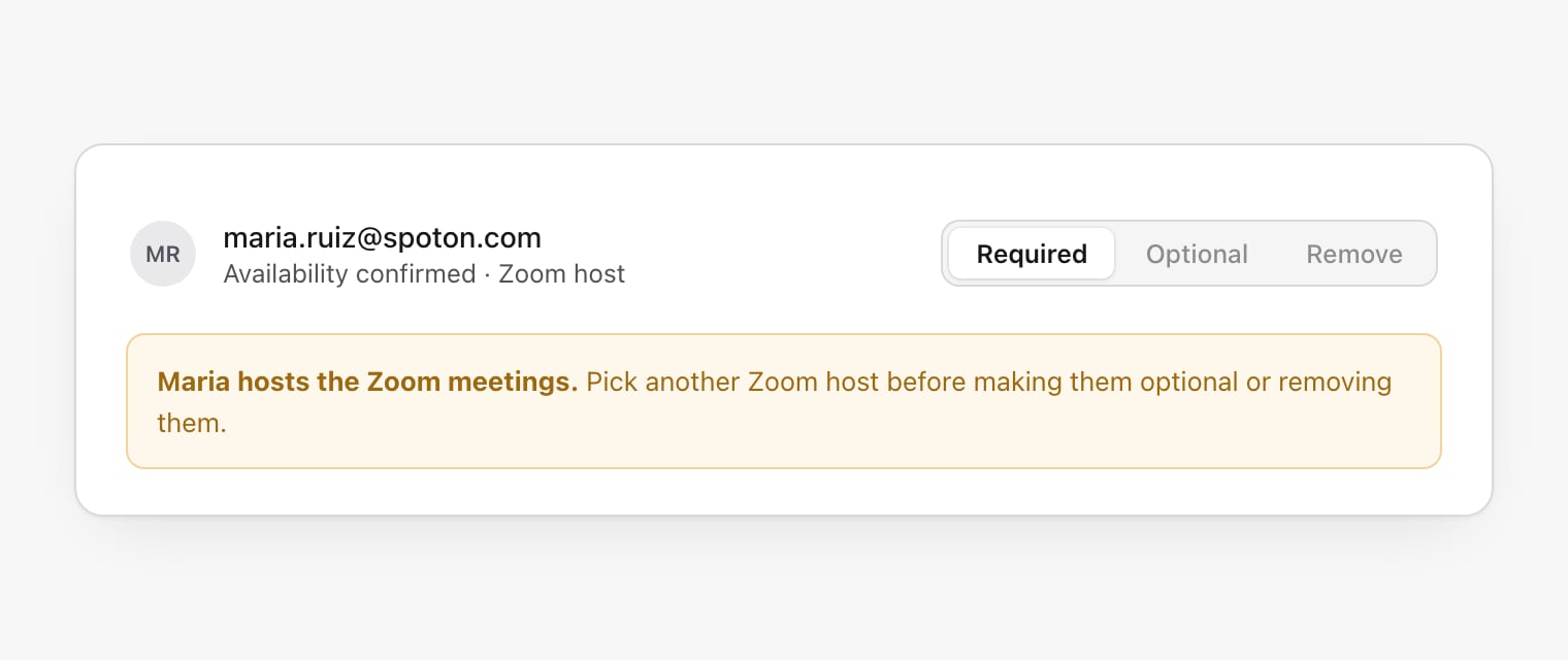 A host row with Required selected and Optional and Remove disabled, above an amber note reading Maria hosts the Zoom meetings, pick another Zoom host before making them optional or removing them