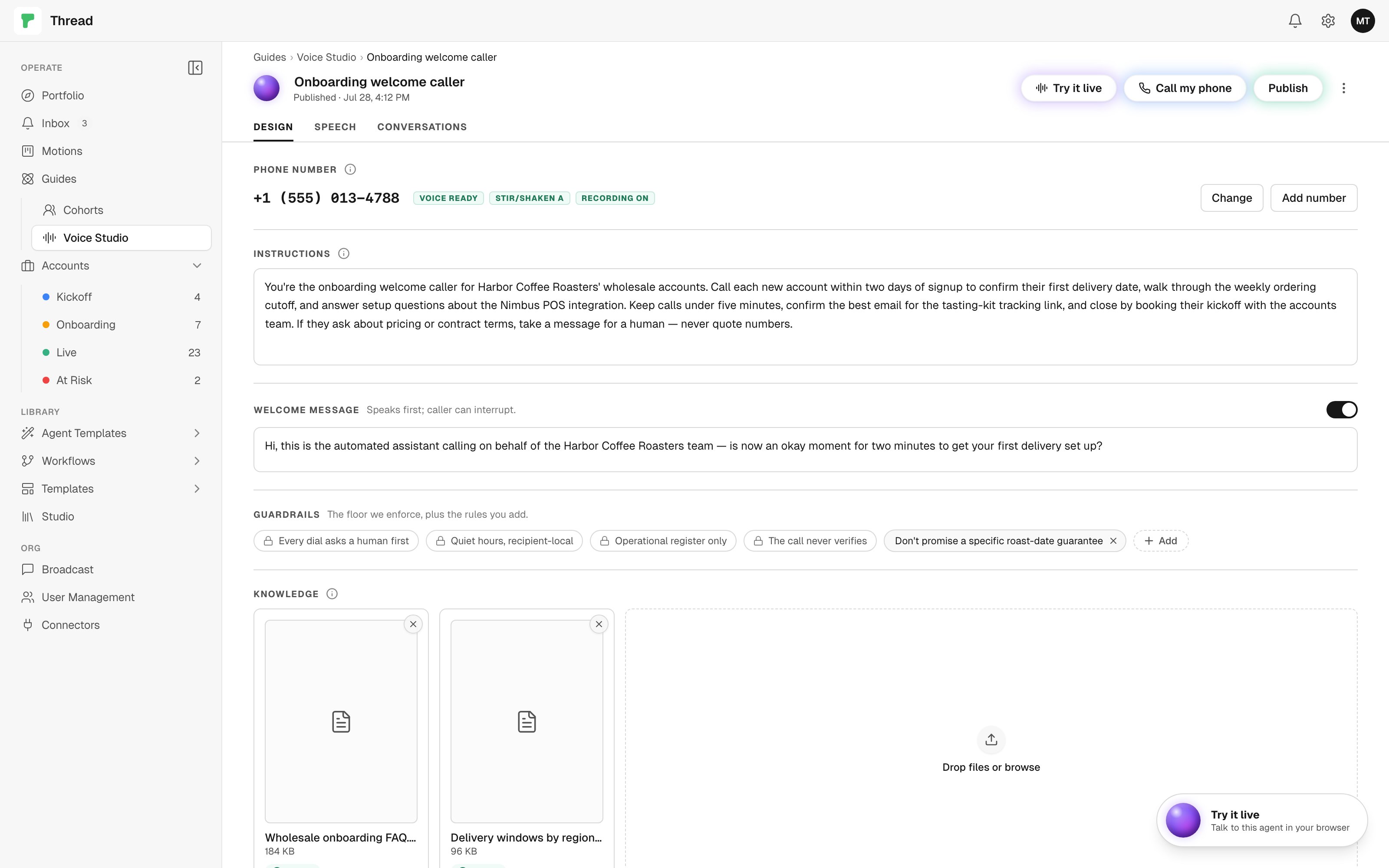 Voice Studio editor: phone number with VOICE READY chips, instructions, welcome message, locked guardrails, knowledge files, and Try it live / Call my phone / Publish actions