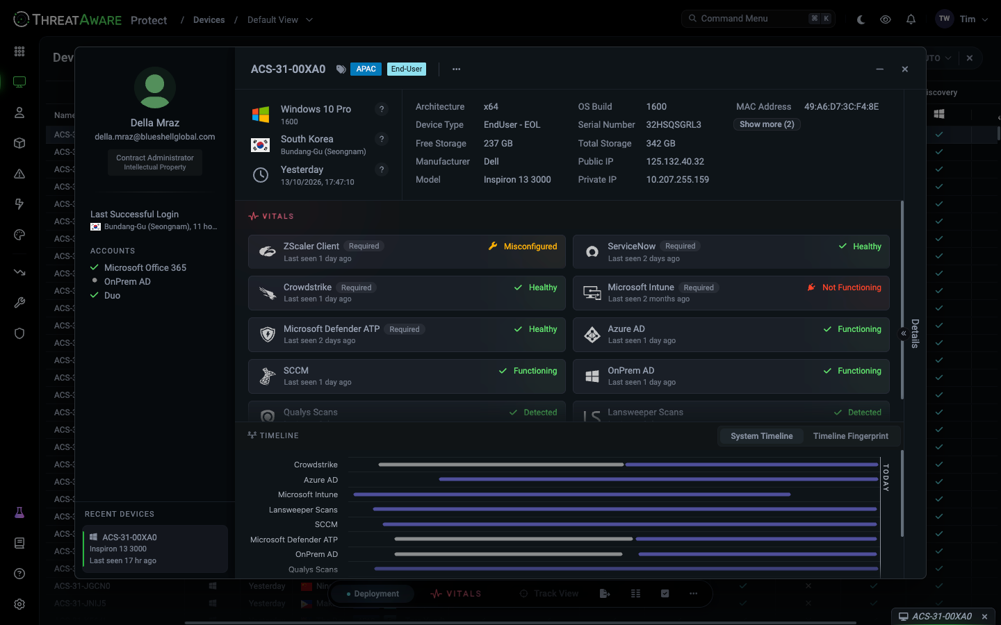 Device detail window for ACS-31-00XA0: the user card and recent devices on the left, OS, location and hardware details, Vitals tiles showing ZScaler Client misconfigured and Microsoft Intune not functioning, and the system timeline