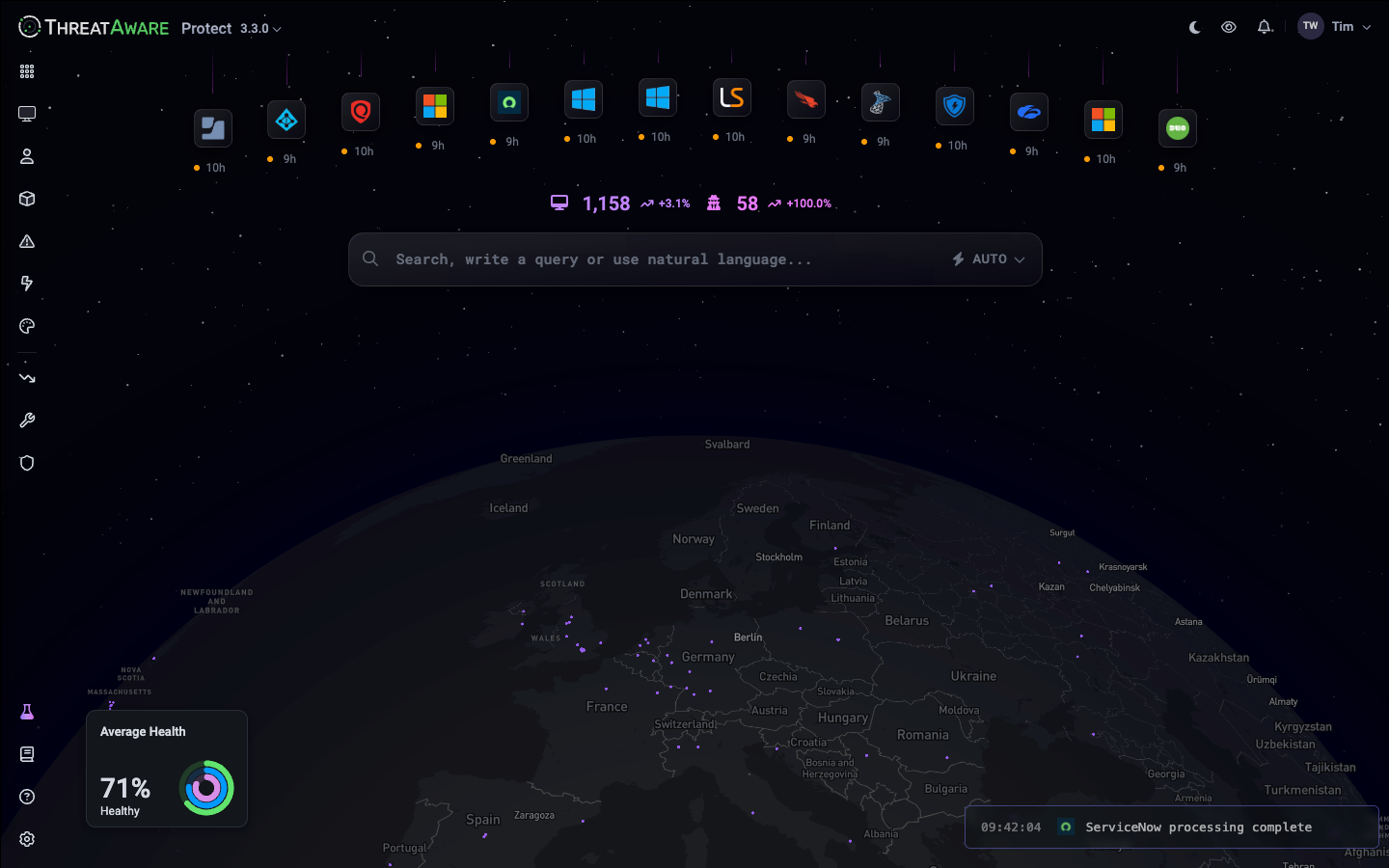 Device Explorer with a 3D globe of device locations, integration sync icons across the top, device counters, the search bar, an Average Health panel and the live activity feed