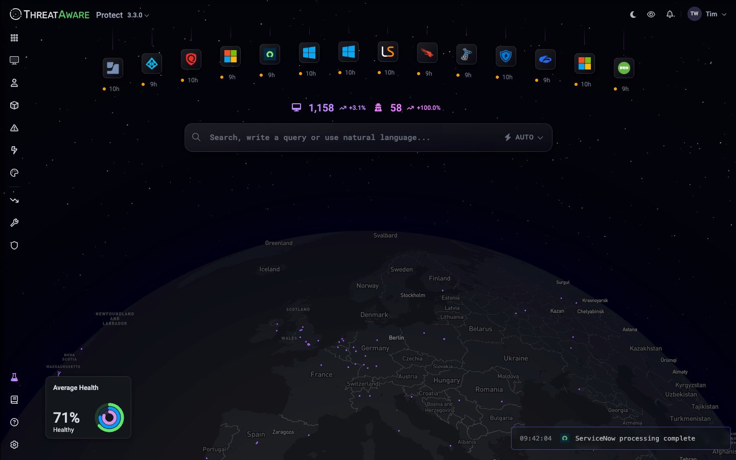 Device Explorer with a 3D globe of device locations, integration sync icons across the top, device counters, the search bar, an Average Health panel and the live activity feed