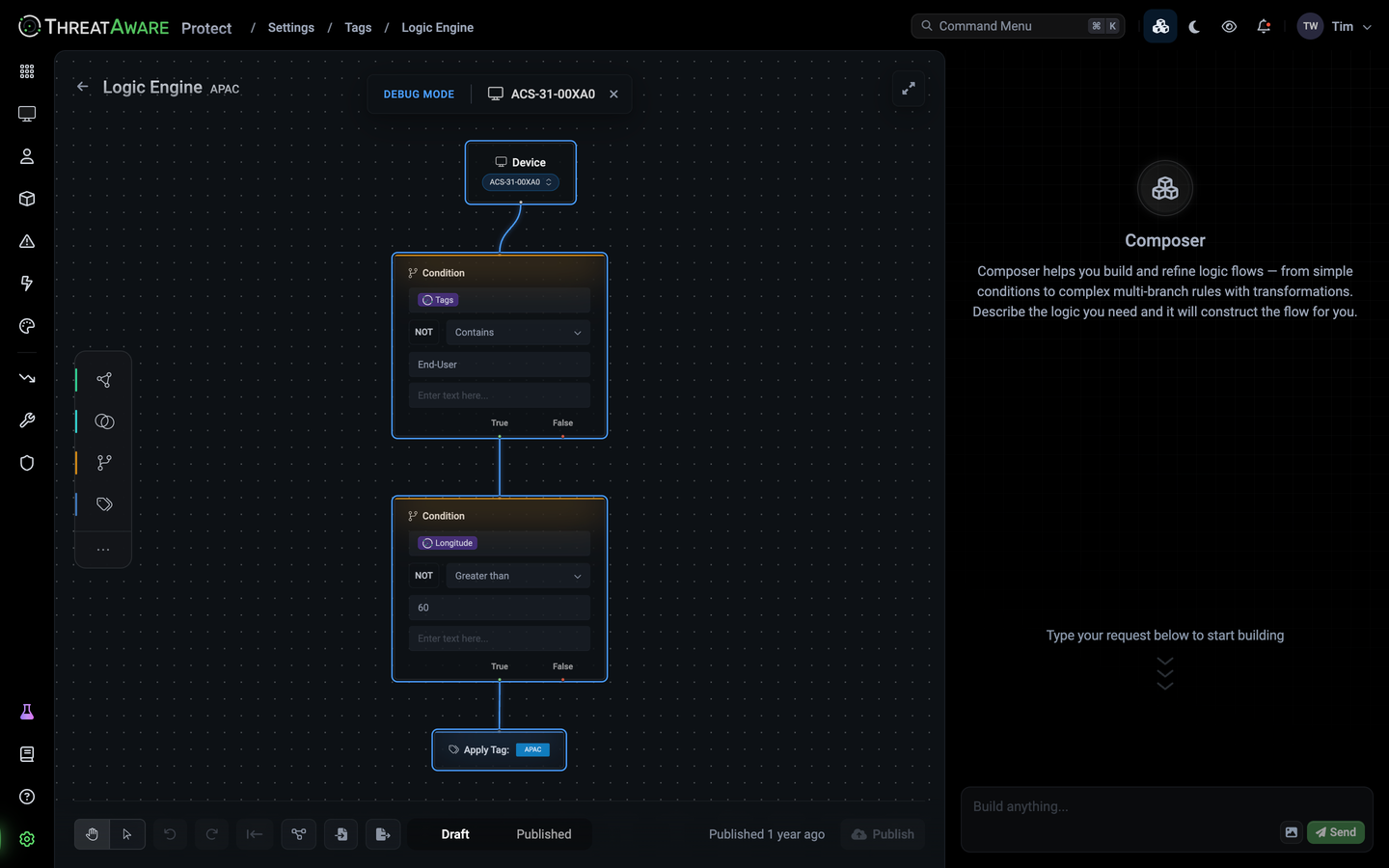 Logic Engine in Debug mode for device ACS-31-00XA0, with the path from Device through two Condition nodes to Apply Tag APAC highlighted